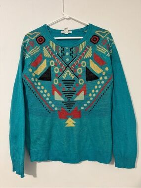 Forever 21 Blue Colorful Aztec/Geometric Print Sweater